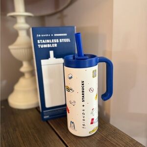 Starbucks White Tumbler with Blue Lid and Handle